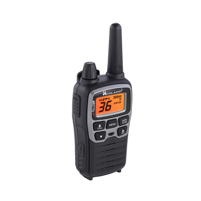 Midland X-TALKER, Pair of Radios with Batteries, DTC and USB Cable Charger, hard shell case, car charger, set of AVP1 headsets [A]